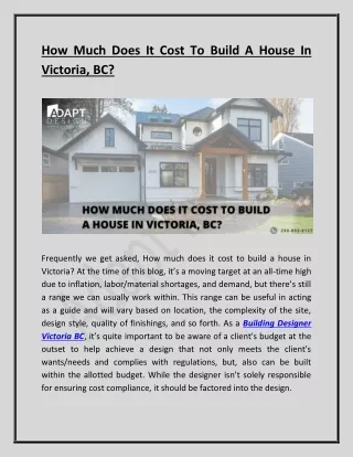How much does it cost to Build a House in Victoria, BC