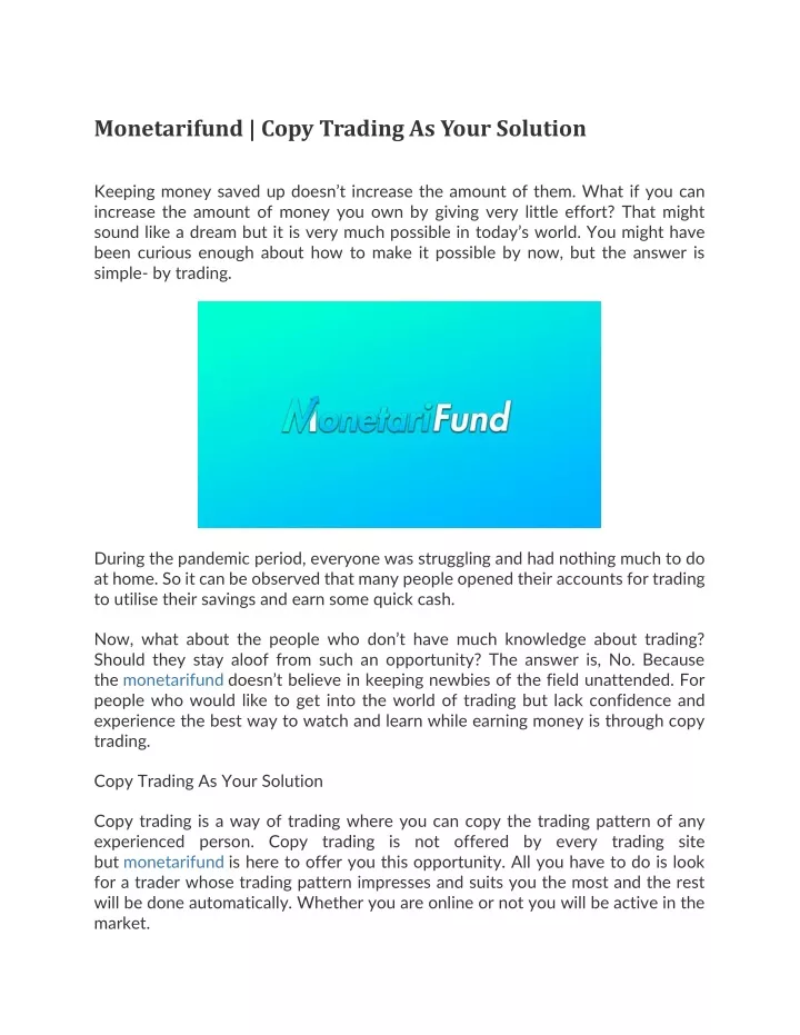 monetarifund copy trading as your solution