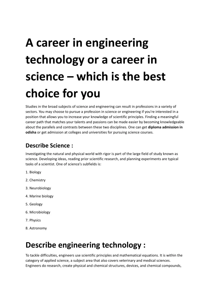 a career in engineering technology or a career