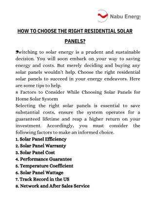 HOW TO CHOOSE THE RIGHT RESIDENTIAL SOLAR PANELS