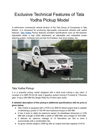 Exclusive Technical Features of Tata Yodha Pickup Model