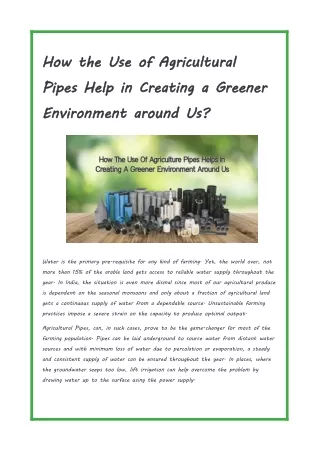 How the Use of Agricultural Pipes Help in Creating a Greener Environment around Us
