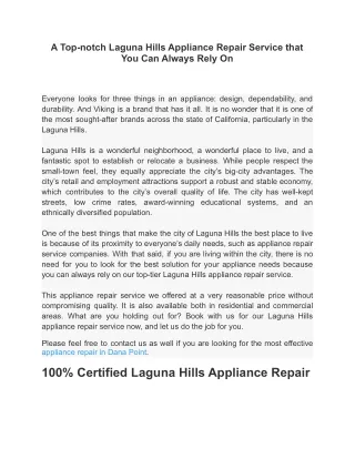 A Top-notch Laguna Hills Appliance Repair Service that You Can Always Rely On