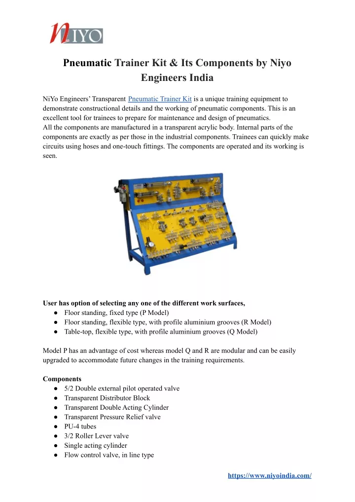 pneumatic trainer kit its components by niyo