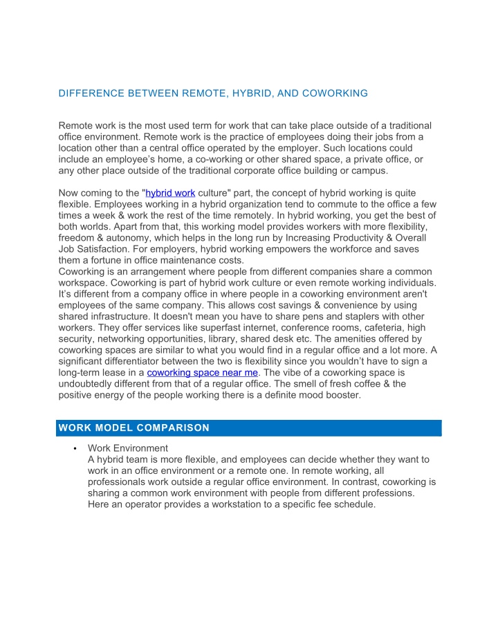 difference between remote hybrid and coworking