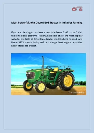 Most Powerful John Deere 5105 Tractor In India For Farming