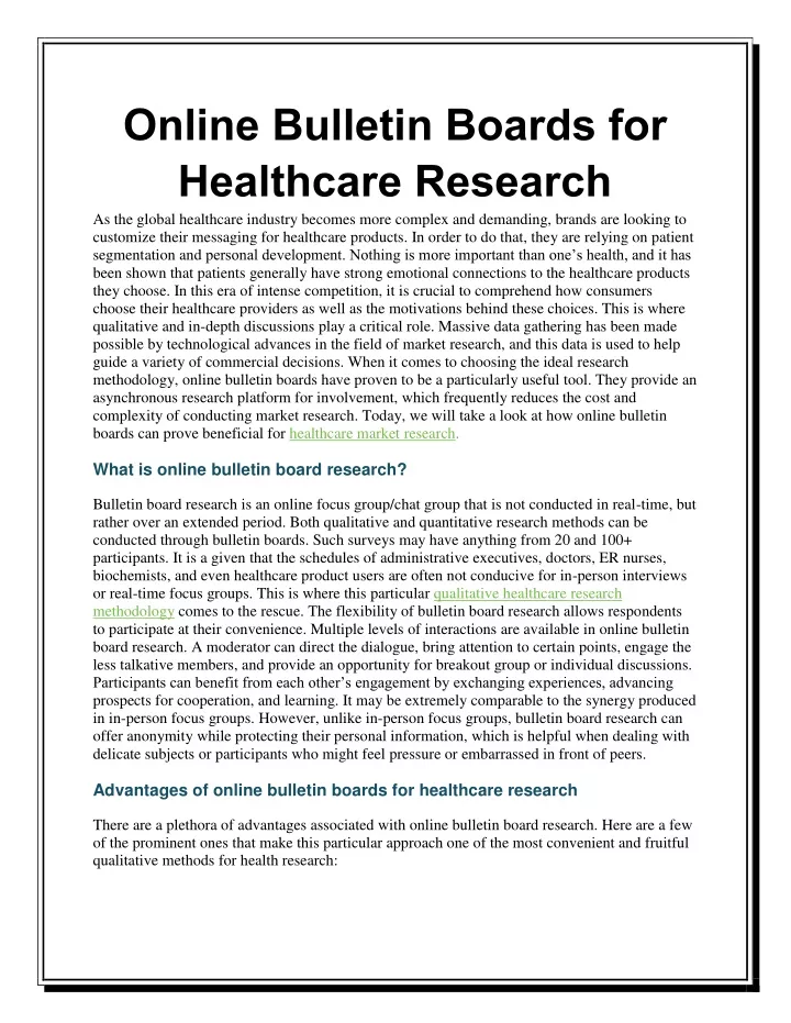 online bulletin boards for healthcare research