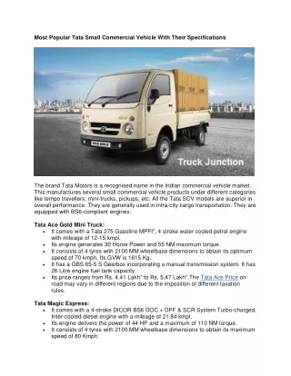 Most Popular Tata Small Commercial Vehicle With Their Specifications