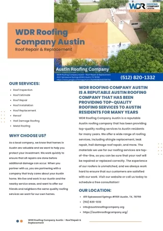 WDR ROOFING COMPANY AUSTIN IS A REPUTABLE AUSTIN ROOFING COMPANY THAT HAS BEEN PROVIDING TOP QUALITY ROOFING SERVICES
