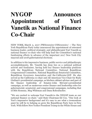 NYGOP Announces Appointment of Yuri Vanetik as National Finance Co-Chair