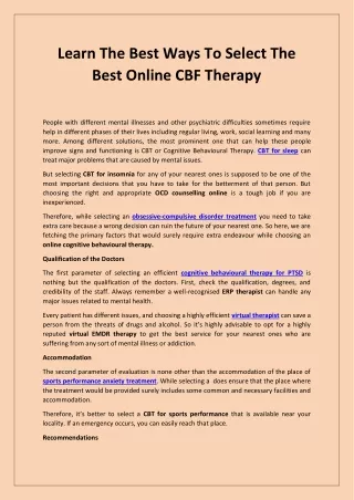 Learn The Best Ways To Select The Best Online CBF Therapy