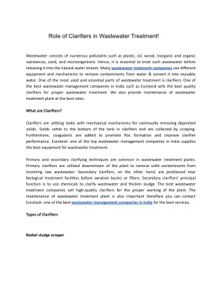 Role of Clarifiers in Wastewater Treatment