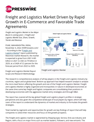 Freight and Logistics Market Driven by Rapid Growth in E-Commerce and Favorable
