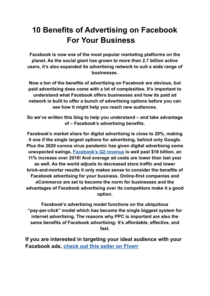 PPT - 10 Benefits of Advertising on Facebook For Your Business ...