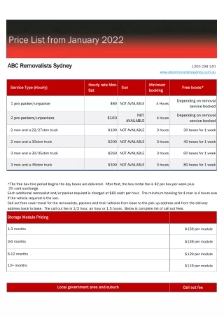 ABC Removalists Price Booklet