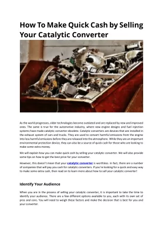 How To Make Quick Cash by Selling Your Catalytic Converter