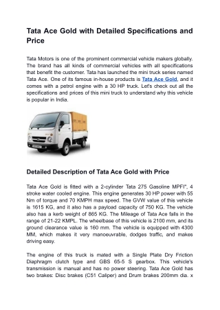 Tata Ace Gold with Detailed Specifications and Price
