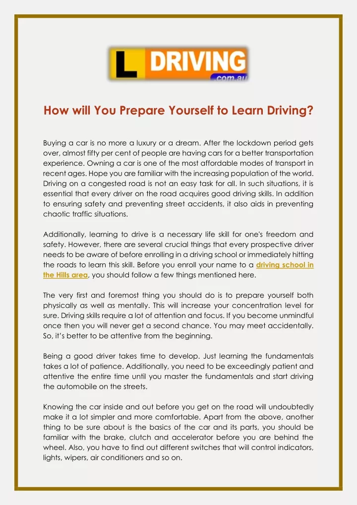 how will you prepare yourself to learn driving