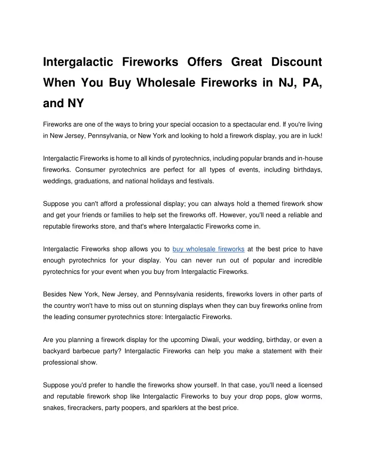 intergalactic fireworks offers great discount