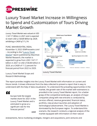 Luxury Travel Market Increase in Willingness to Spend and Customization of Tours