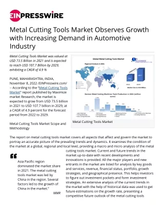 Metal Cutting Tools Market Observes Growth with Increasing Demand in Automotive
