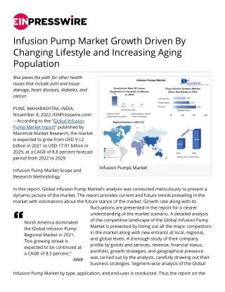 Infusion Pump Market Growth Driven By Changing Lifestyle and Increasing Aging