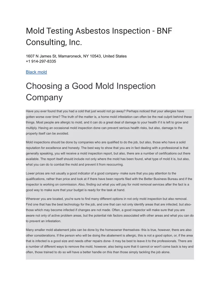 mold testing asbestos inspection bnf consulting
