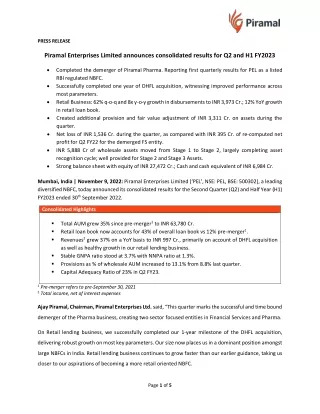 Piramal Enterprises Limited announces consolidated results for Q2 and H1 FY2023