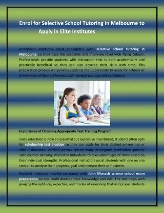 Enrol for Selective School Tutoring in Melbourne to Apply in Elite Institutes