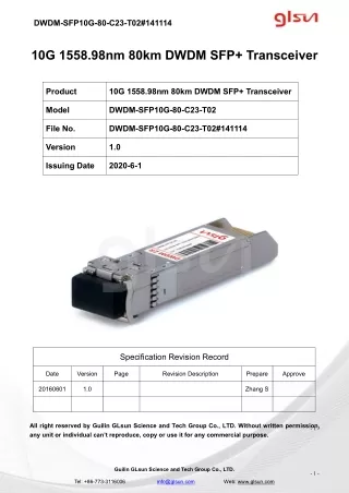 10G 1558.98nm 80km DWDM SFP  Transceiver