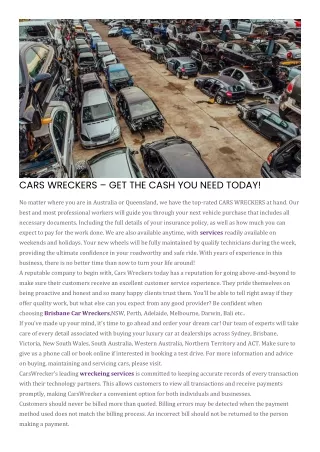 CARS WRECKERS – GET THE CASH YOU NEED TODAY!