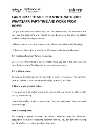 EARN INR 15 TO 50 K PER MONTH WITH JUST WHATSAPP