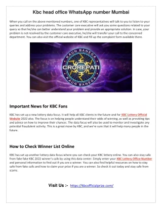Kbc head office WhatsApp number Mumbai