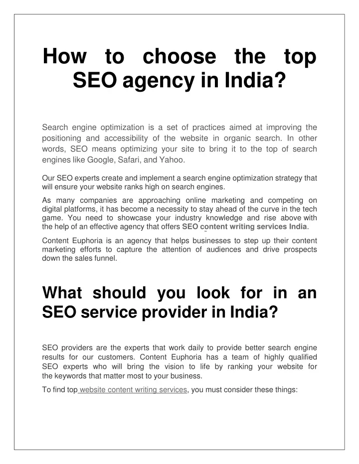 how to choose the top seo agency in india