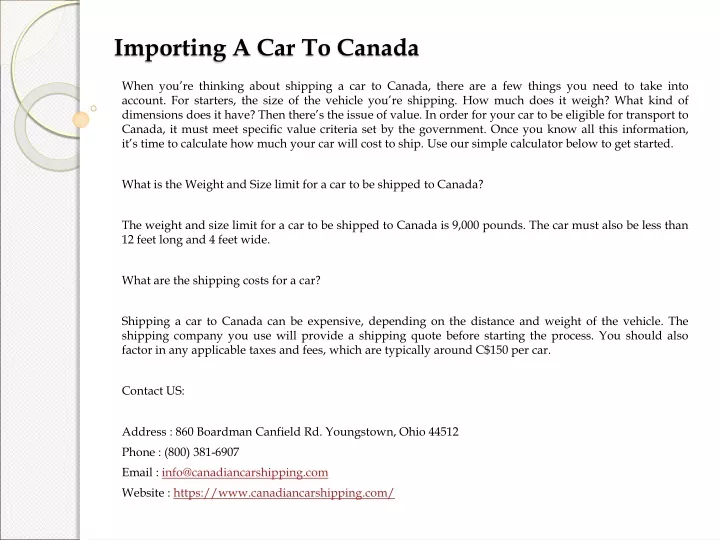 importing a car to canada
