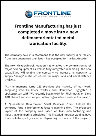 Frontline Manufacturing |New Defence-Orientated Metal Fabrication Facility.