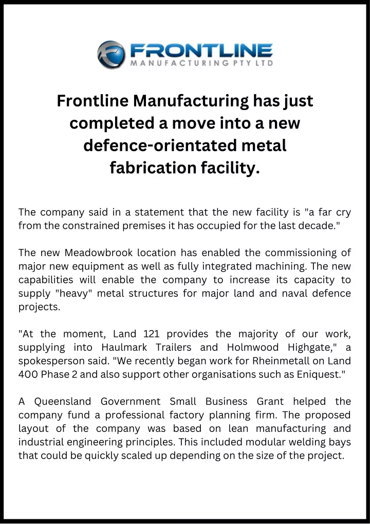 frontline manufacturing has just completed a move