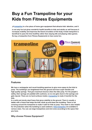 Buy a Fun Trampoline for your Kids from Fitness Equipments