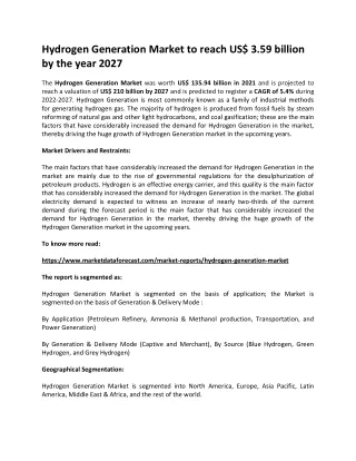 hydrogen generation market to reach