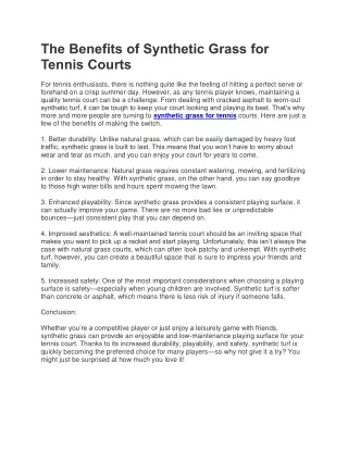 The Benefits of Synthetic Grass for Tennis Courts