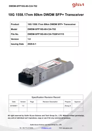 10G 1558.17nm 80km DWDM SFP  Transceiver