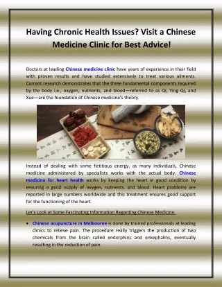 Having Chronic Health Issues Visit a Chinese Medicine Clinic for Best Advice!