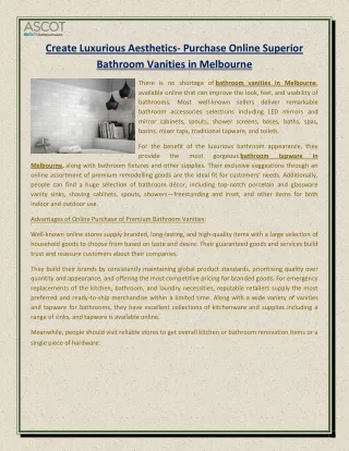 Create Luxurious Aesthetics- Purchase Online Superior Bathroom Vanities in Melbourne