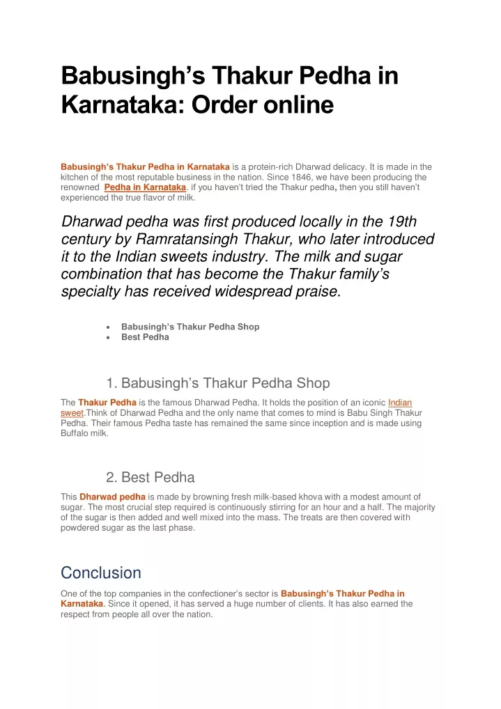babusingh s thakur pedha in karnataka order online