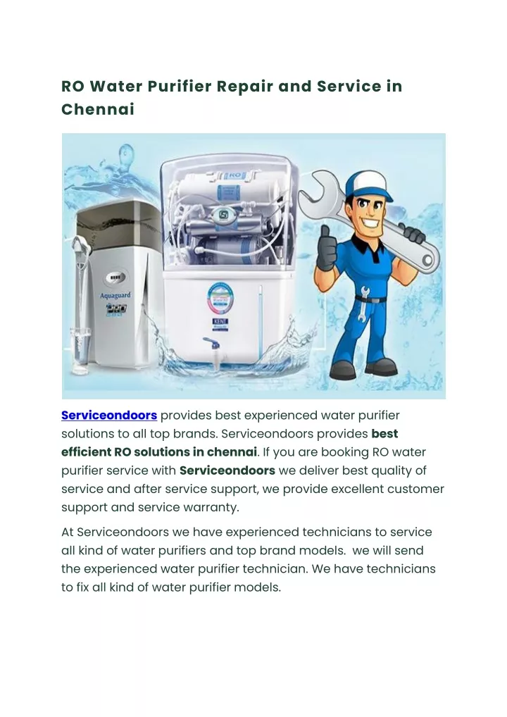 ro water purifier repair and service in chennai