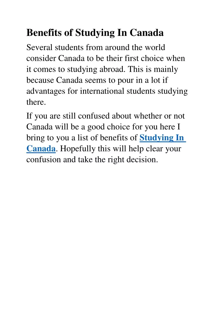 benefits of studying in canada several students