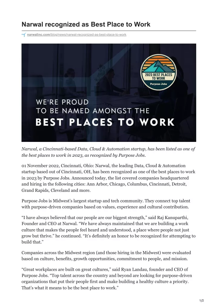 narwal recognized as best place to work