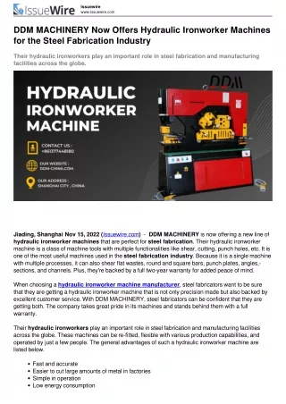 DDM MACHINERY Now Offers Hydraulic Ironworker Machines for the Steel Fabrication Industry