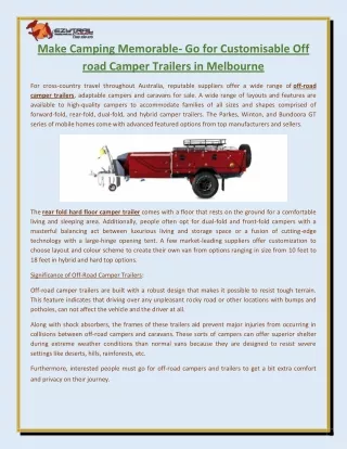 Make Camping Memorable- Go for Customisable Off road Camper Trailers in Melbourne