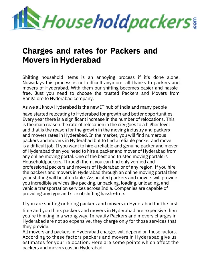 charges and rates for packers and movers